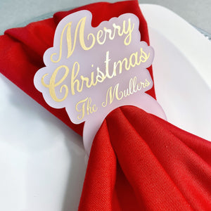 Set of Custom Gold Christmas Napkin Rings on Frosted Acrylic