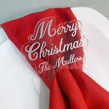 Load image into Gallery viewer, Set of Custom Silver Christmas Napkin Rings on Clear Acrylic