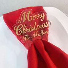 Load image into Gallery viewer, Set of Custom Gold Christmas Napkin Rings on Clear Acrylic