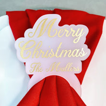 Load image into Gallery viewer, Set of Custom Gold Christmas Napkin Rings on Frosted Acrylic