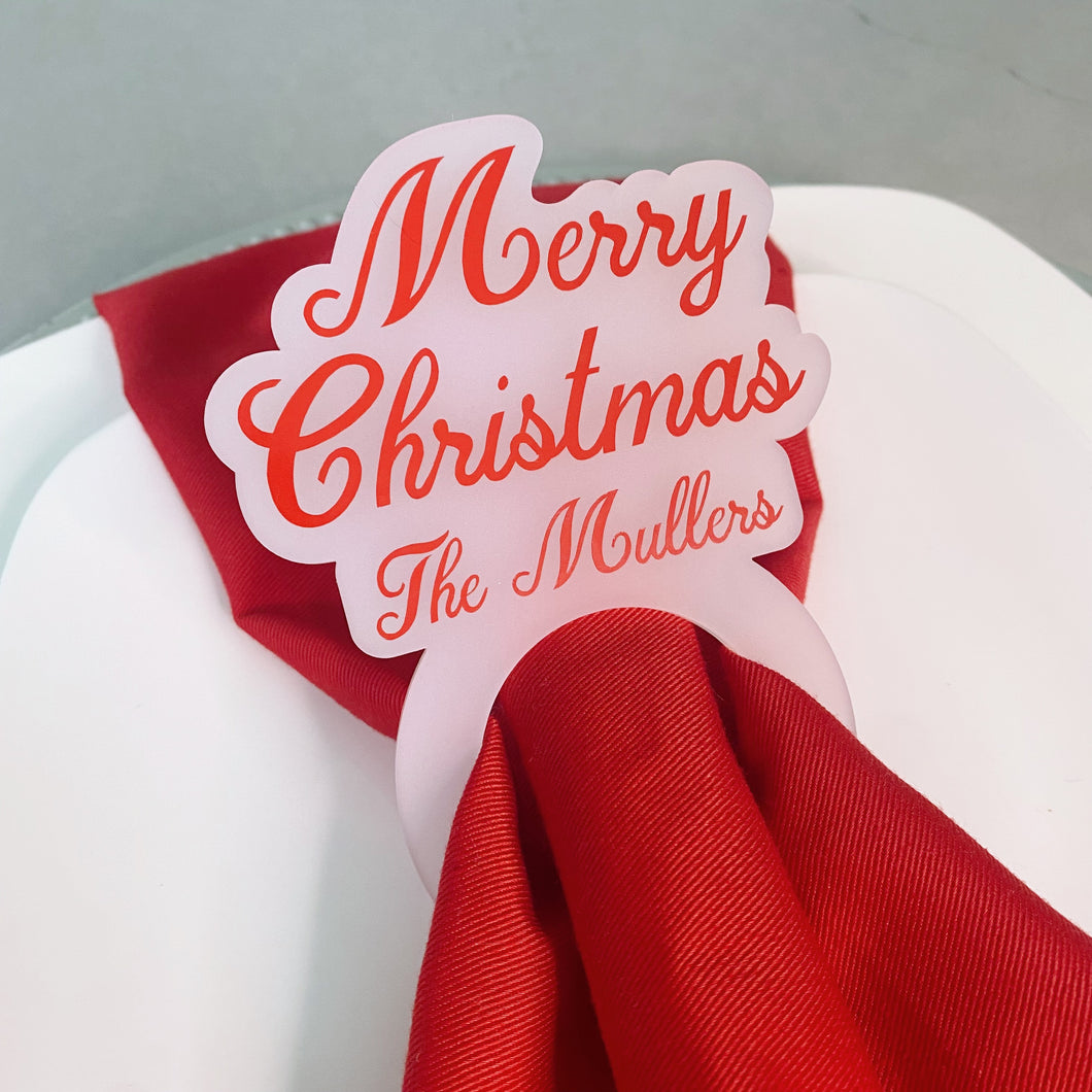 Set of Custom Red Christmas Napkin Rings on Frosted Acrylic