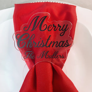 Set of Custom Black Christmas Napkin Rings on Clear Acrylic