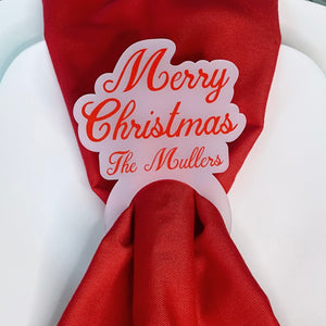 Set of Custom Red Christmas Napkin Rings on Frosted Acrylic